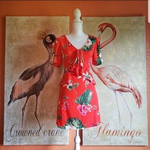 NWT Skies Are Blue Cut Out Ruffle Mini Dress Floral XS Tropical Resort